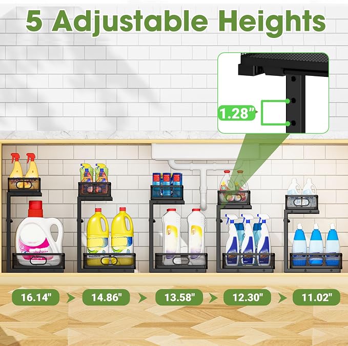 Under Sink Organizer 2-Pack, Metal 2-Tier Pull-Out Cabinet Shelf with Slide-Out Mesh Drawers, Height Adjustable, Space-Saving Under Sink Storage Racks for Kitchen, Bathroom, Laundry Room - Image 6