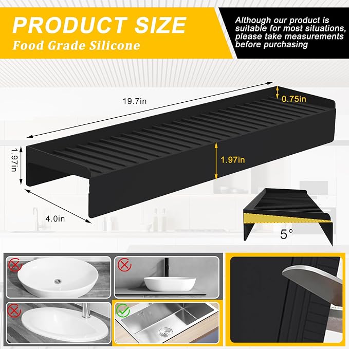 Kitlers Silicone Edge Protectors - Multifunction Sink Accessories, Splash Guard & Draining Mat for Kitchen, Bathroom Sink, Steel, Granite, Quartz Countertops(Black) - Image 3