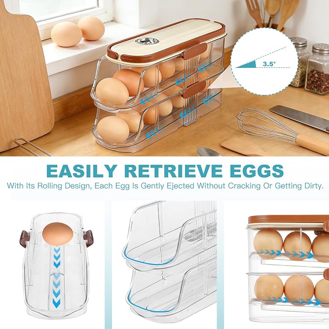 Egg Holder For Fridge, Container for Refrigerator, Single Column | With Lid And Handle, BPA-Free Detachable Tray, Timer Tracker, Automatic Rolling for Kitchen, Outdoor - Image 2
