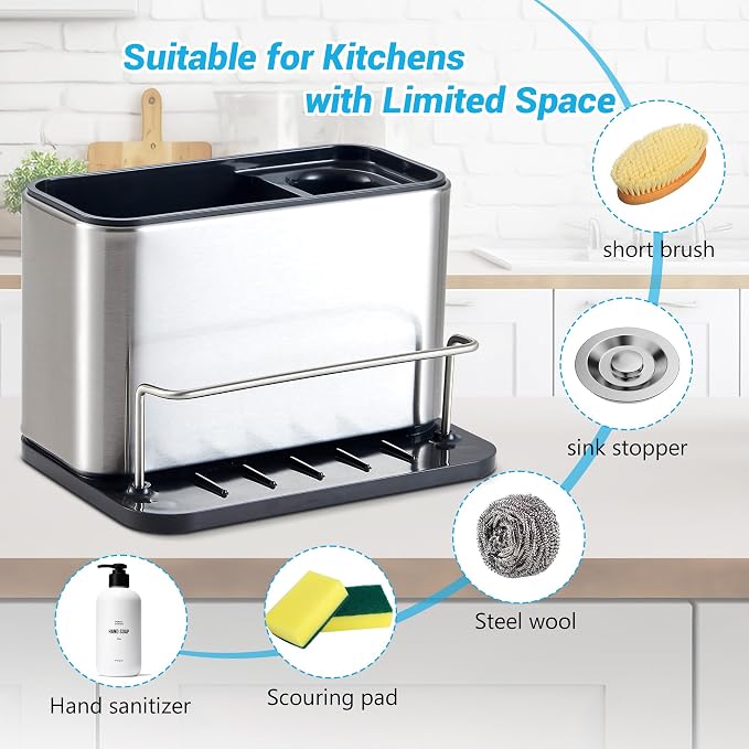 Kitchen Sink Organizer Stainless Steel, Stainless Steel Kitchen Sink Organizer, Compact Multi-Compartment Caddy for Sponges, Brushes & Cleaning Supplies, Rust-Resistant, Easy to Clean - Image 4