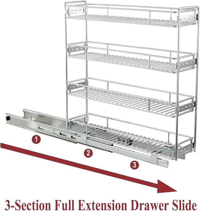 OCG 4-Tier Pull Out Kitchen Cabinet Spice Rack Holder Shelves (5" W x 21" D), Slide Out Slim Storage Wire Baskets for Storage Organization, Narrow Pull Out Storage for Narrow Space - Image 3
