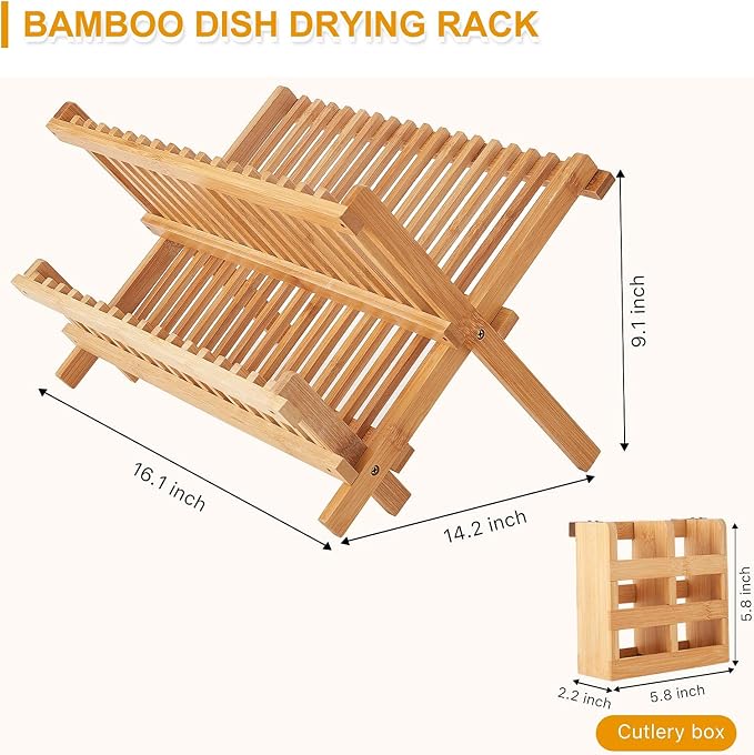 Bamboo Dish Drying Rack, 2 Tier Collapsible Dish Rack with Utensil Holder, Wooden Dish Drying Rack for Kitchen Counter, Large Folding Drying Holder, Dish Drainer 34 pcs Grid | Wooden Dish Drying Rack with Utensil Holder for Kitchen Counter, Large Foldi... - Image 5