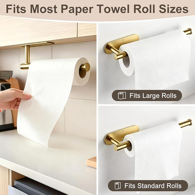 2-Pack Paper Towel Holder for Kitchen, Self-Adhesive & Drilling Mount | Under Cabinet Organizer, SUS 304 Stainless Steel Wall Mounted Rack, Bathroom, RV - Image 7