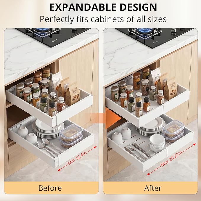 DOMNIU 2 Pack Pull Out Cabinet Organizers Expandable Width (12.4''-20.27'') | Upgrade 3 Slide Rails Sliding Drawer for Kitchen Cabinet Organizer with Adhesive Nano Film, White - Image 2
