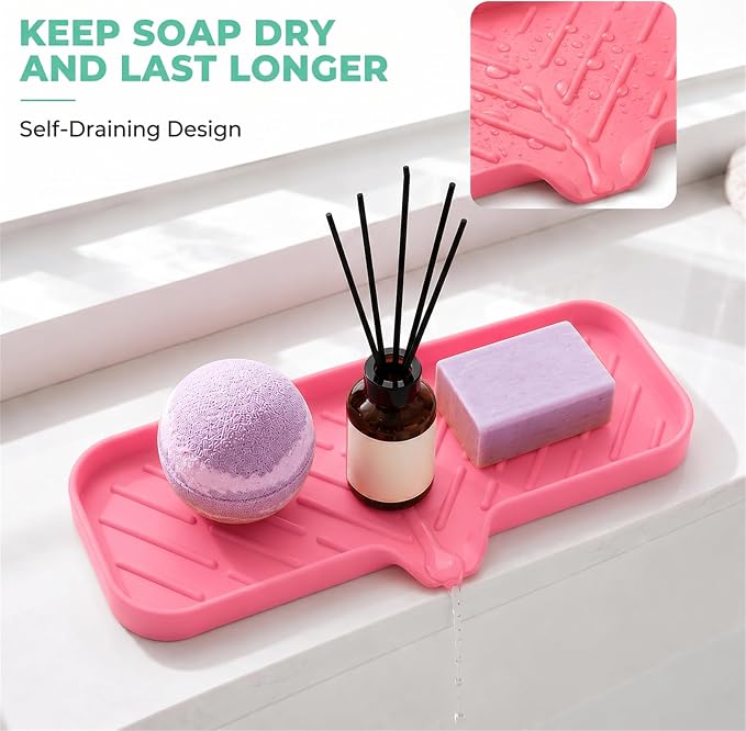 MicoYang Silicone Soap Dish with Drain Spout — Self-Draining Double Sink Organizer Tray for Kitchen & Bathroom, Dispensers, Sponges & Soap Holder, Non-Slip & Dishwasher Safe, Rose (Large, 12"×4") - Image 7