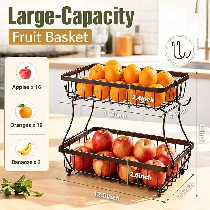 2-Tier Fruit Basket for Kitchen Counter with 2 Banana Hangers | Large Metal Fruit Bowl, Versatile Holder for Veggies, Produce Storage, 12.5"×7.5"×12"-Bronze - Image 2