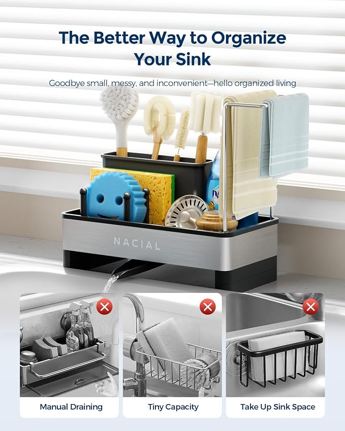 Nacial Kitchen Sink Organizer, Sink Caddy with Sponge & Tall Brush Holder | 304 Stainless Steel Kitchen Countertop Organizer with Double-Bar Towel Holder, Stores Sponge, Brush, Towel & Sink Essentials - Image 6