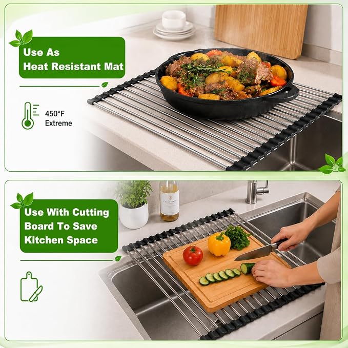 CHIRISEN Expandable Roll Up Dish Drying Rack Over the Sink Drying Rack for Kitchen Counter, Large Stainless Steel Dish Drainer Over Sink Dish Drying Rack Foldable, Collapsible, 21.14''x12'', 18Tube - Image 4