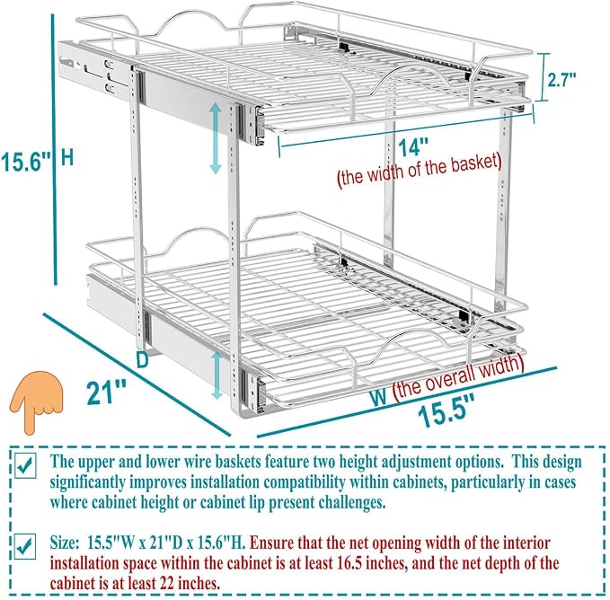 OCG 2 Tier Pull Out Cabinet Organizer (15.5" W x 21" D), Pull Out Drawers for Kitchen Cabinets, Pull Out Shelves for Base Cabinet Organization in Kitchen Bathroom Pantry, Chrome Finish - Image 4
