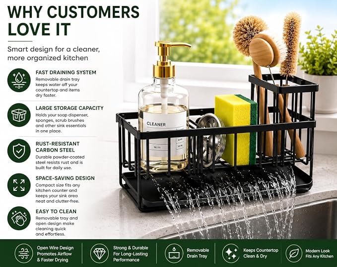 Kitchen Sink Caddy Organizer with Removable with Drain Tray, Rustproof Sponge Holder for Kitchen Counter, Carbon Steel Sink Organizer for Soap Dispenser, Sponge, Scrub Brush & Cleaning Accesories - Image 2