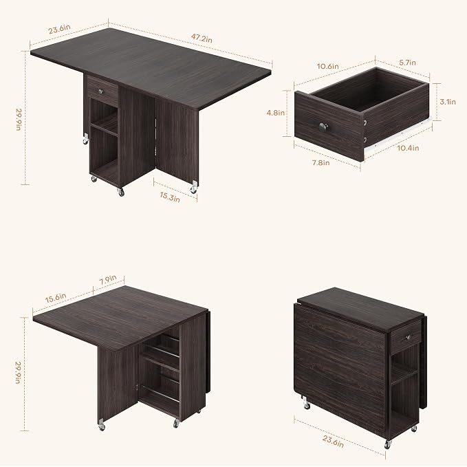 Jocoevol Space Saving Folding Dining Table for 4, Foldable Dining Table with Drawer and Storage Shelf, 6 Wheels Drop Leaf Kitchen Dining Room Table for Small Space (Walnut, 47.2" x 23.6" x 29.9") - Image 2