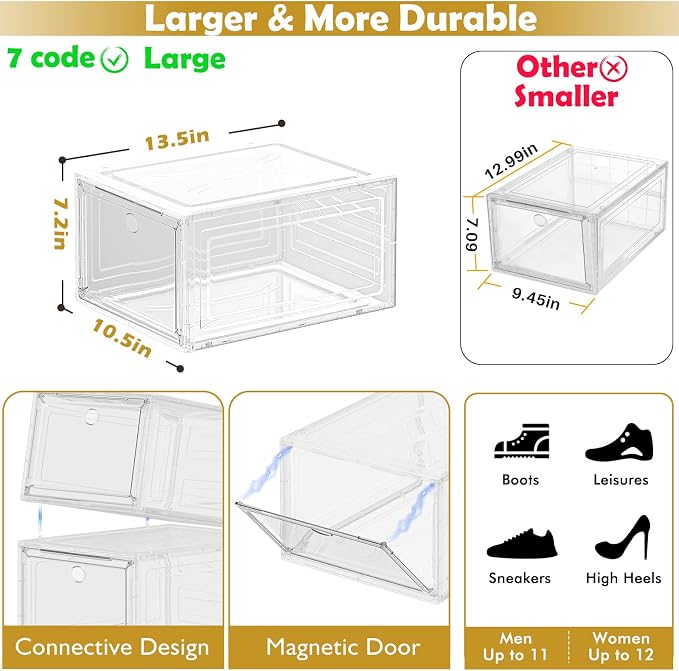 12 Pack Shoe Organizer, Stackable Shoe Storage Boxes with Magnetic Door | Clear Plastic Shoe Boxes for Sneakers, Boots & Heels, Foldable Space-Saving Shoe Rack for Closet, Durable Shoe Cabinet, White - Image 3