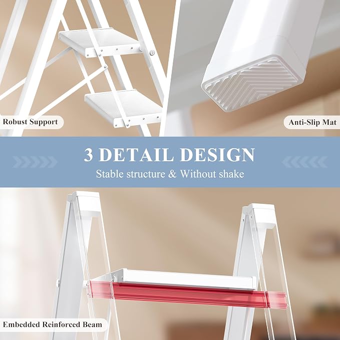 3 Step Ladder, Foldable Aluminum Step Stool with Anti-Slip Pedal | Lightweight yet Sturdy, Portable, Non Slip Feet, 300Lbs Capacity, Elegant Look, for Kitchen, Closet, Pantry, White - Image 3