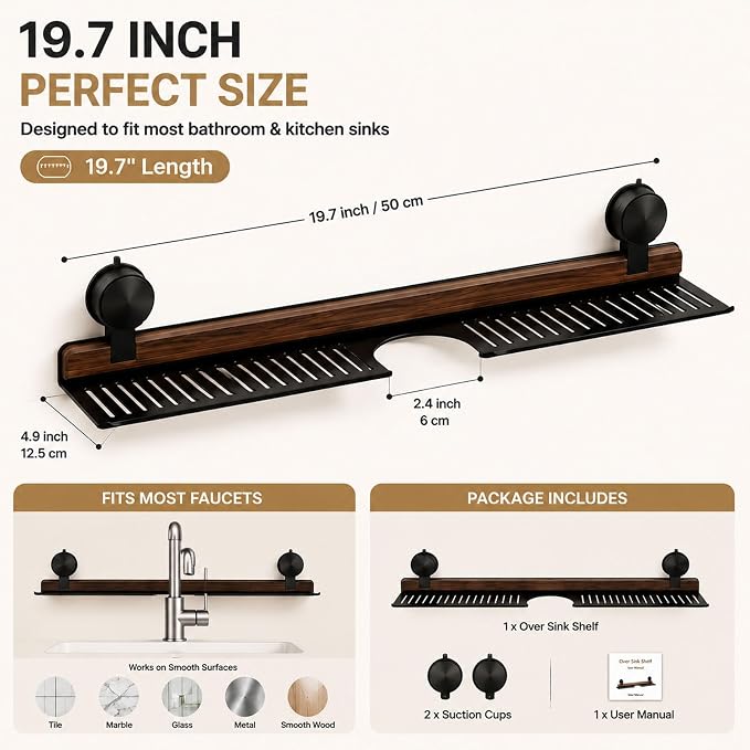Bathroom Over Sink Shelf, 19.7 Inch No Drill Sink Organizer | Bathroom Counter Storage Rack for Toothbrush, Soap, Skincare and Accessories, Black - Image 3