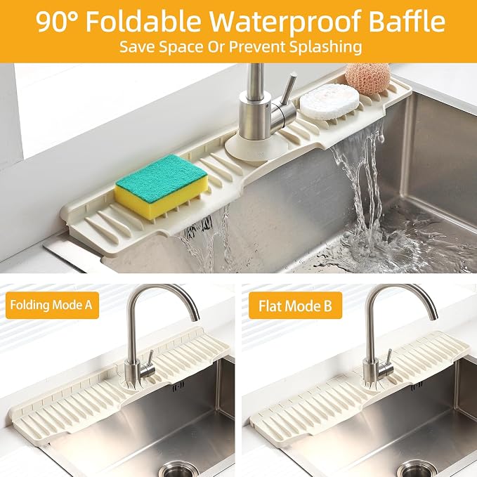 24" Silicone Sink Mat for Kitchen(Released in 2026), 2 PCS Beige | 8° Slope for Quick Self-draining, Sink Splash Guard Behind the Faucet, Narrow Water Splash Guard, for Kitchen&Bathroom Area - Image 5