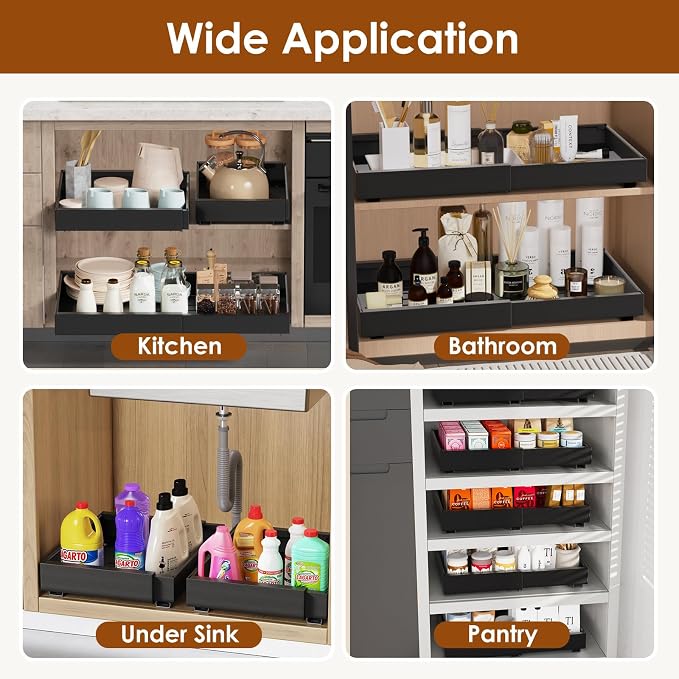 2 Pack Expandable Pull Out Cabinet Organizer 21" Deep, Adjustable Width 12.6"-20.5", No Drill Adhesive with Triple Track Rails, Heavy Duty Slide Out Drawers for Kitchen, Pantry, Cabinets,Black - Image 6