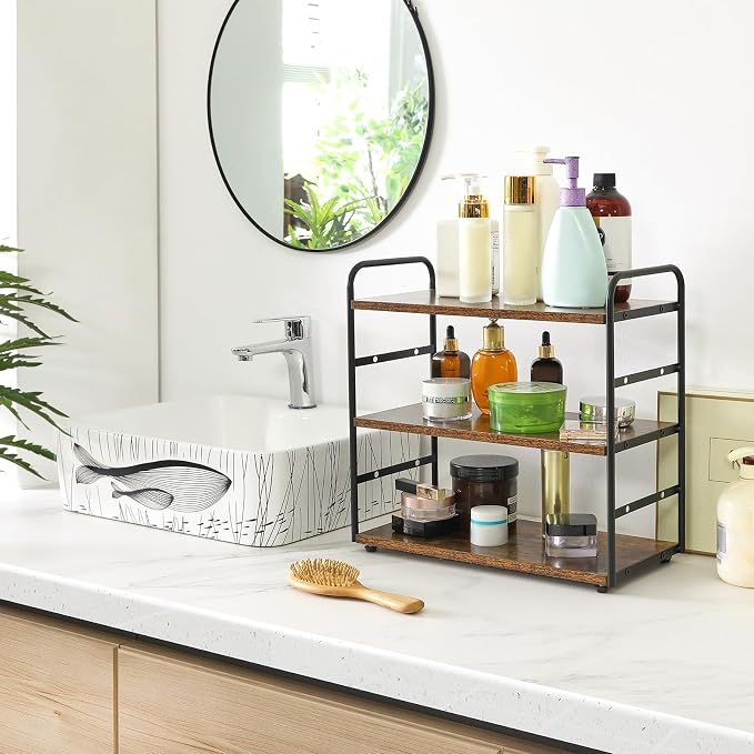 IBUYKE Counter Shelf,Kitchen Organization and Storage,Brown TWJ001H | 3-Tier Bathroom Countertop Organizer Tray Makeup Shelf Counter Standing Spice Rack Storage Shelf Cosmetic Holder - Image 4