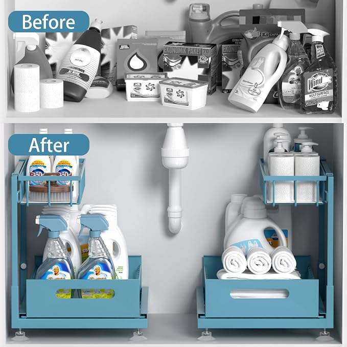 L-Shaped Under Sink Organizer, 2-Tier Pull-out Cabinet Rack 1-Pack | Teal Height-Adjustable Steel Rack, Sliding Grid Drawers with PP Liners, Holds 100 Lbs, Suction Base, Ideal Kitchen Storage - Image 2