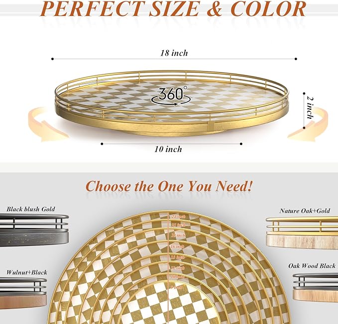 Gold and White Checkerboard Lazy Susan with Rubberwood Base and Metal Rail | Smooth rotating oak tray with walnut finish for dining tables, kitchen counters, pantries and cabinet storage. - Image 6