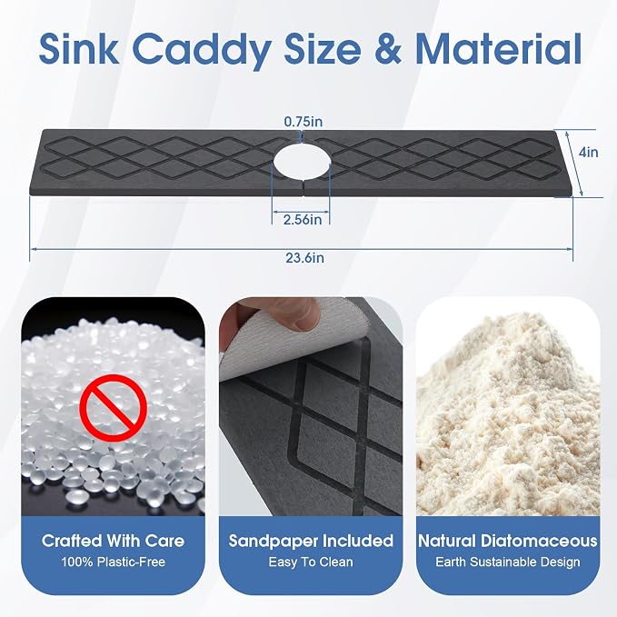 Stone Faucet Mat for Kitchen Sink, Quick-Dry Non-Slip Drying Tray, Diatomite Drying Stone Mat Sink Protectors, Prevent Moisture for Kitchen Bathroom Counter, Matte black, 23.6" x 4" - Image 3