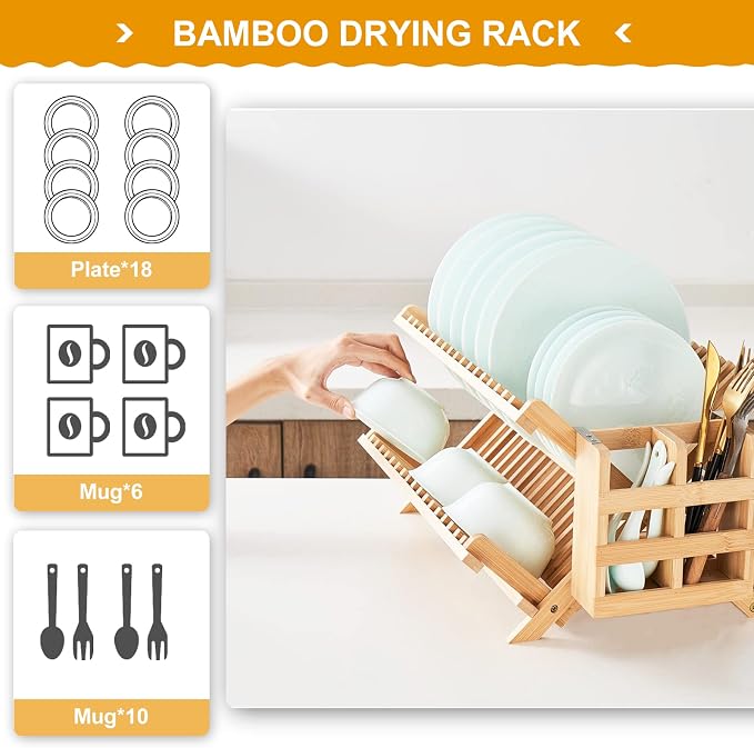 Bamboo Dish Drying Rack, 3-Tier Collapsible Wooden Dish Rack with Utensil Holder, Bamboo Dish Drainer Rack for Kitchen Counter 25pcs | Wooden Dish Drying Rack with Utensil Holder for Kitchen Counter, Large Folding Drying Holder, Dish Drainer - Image 3