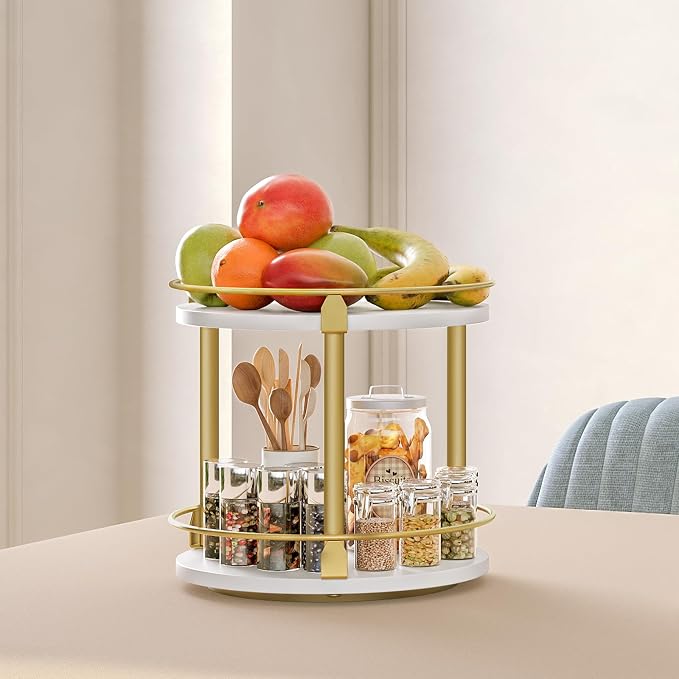 Lazy Susan Organizer, Rotating Spice Rack, 2 Tier Spice Turntable Organizer, Industrial Turntable Spice Holder, for Kitchen Countertop and Cabinet, Compact and Versatile, White and Gold SR22DW - Image 3
