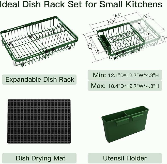 Green Dish Drying Rack Over The Sink with Utensil Holder, Mat | Expandable Stainless Steel Dish Drainer for Small Kitchen, Apartment, RV, Counter Space Saving, Perfect Fit, Rustproof - Image 2