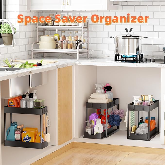 Simple Trending Under Sink Organizer 3 Pack, with Sliding Drawer, Black | 2 Tier Multi-Purpose Pull-Out Cabinet Organizer, Slide Out Storage Shelf for Kitchen Bathroom, Large Capacity, Easy Assembly - Image 2