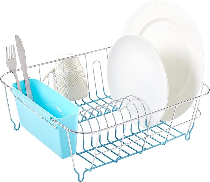Sweet Home Collection 2 Piece Dish Drying Rack Set Drainer with Utensil Holder Simple Easy to Use Fits in Most Sinks, 14.5" x 13" x 5.25", Turquoise Blue (Pack of 12) by SweetHomeCollection