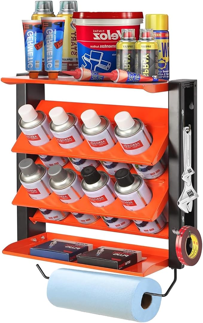 Spray Can Holder, Wall Mount Paint Bottle Organizer 8 Holes & 2 Shelves | Heavy Duty Lube Can Organizer with Paper Towel Holder for Garage & Home by Wallmaster