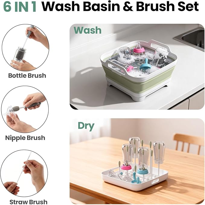 Volnamal Collapsible Wash Basin with Drying Rack & Drain Plug (Green) | Portable 2.4 Gal Dish Tub, Foldable Basin for Baby Bottles, Vegetable, Camping Sink, Kitchen, RV, Camp, Outdoor Space-Saving - Image 3