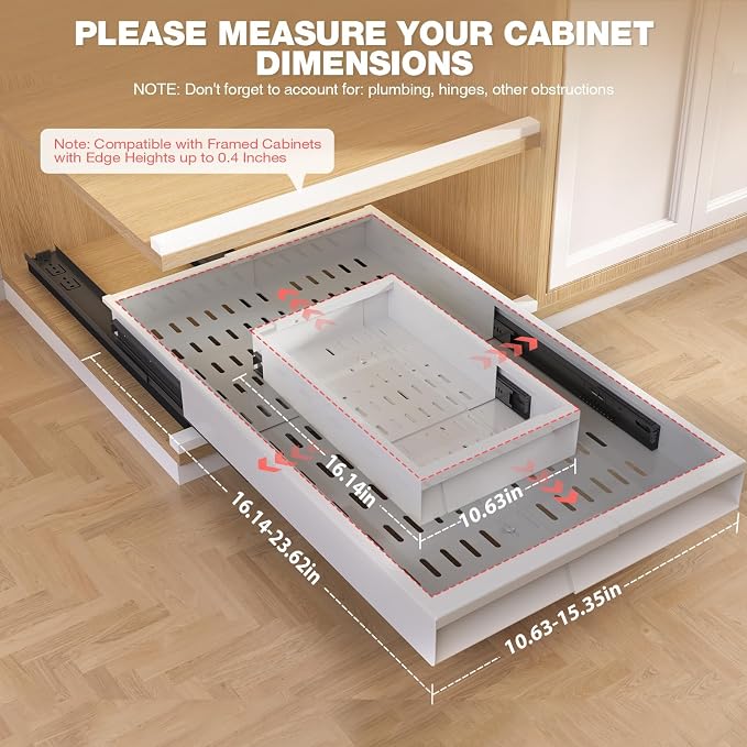 Seinloes Pull Out Cabinet Organizer, 4-Side Expandable to Fit Most Cabinets, 3 Rail Slide Out Drawers with Raising Pad for Framed & Frameless Cabinets, 11"-16" W x 17"-24" D, White, 2 Pack - Image 3