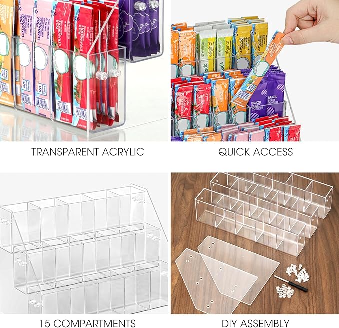AIEVE Drink Packet Organizer with 15 Compartments, Water Packet Organizer for Water Flavor Drink Mix, Easy Assembly Acrylic Sugar Packets Holder for Cabinet Kitchen Storage Organization - Image 6