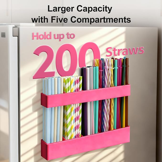 9.5” Large Acrylic Straw Holder for Cabinet Door, Adjustable Two-Part | Reusable Straws Organizer with Ultra Sticky Adhesive Strips, 2026 Straw Storage for Kitchen Cupboard (Hot Pink) - Image 3