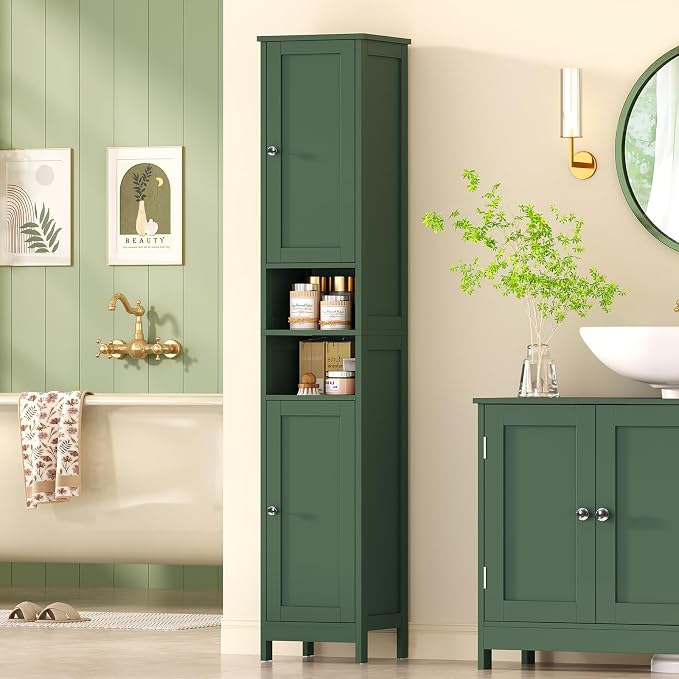 67" Tall Bathroom Cabinet with Adjustable Shelves and Doors, Narrow Bathroom Storage Cabinet for Small Space, Living Room, Entryway, Kitchen, Green - Image 2