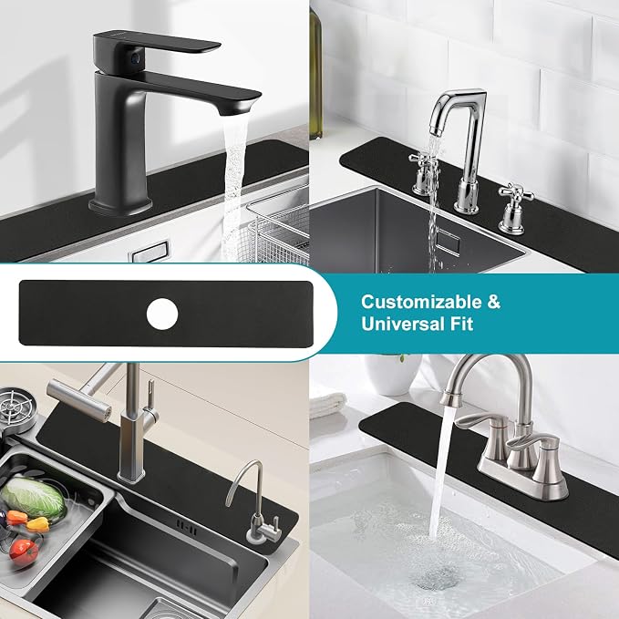 33 Lx5.5 W Long Kitchen Sink Faucet Mat: Customizable Black Splash Guard with Pre-Cut Center Hole for Large Double bowl Sink, DIY to Fits irregular & 2, 3, 4 hole sinks with Soap Dispenser & Air Gap - Image 3