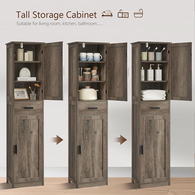 usikey 67'' Tall Storage Cabinet, Narrow Bathroom Floor Storage Cabinet with 4 Shelves & 2 Doors, for Bathroom, Living Room, Rustic Gray - Image 4