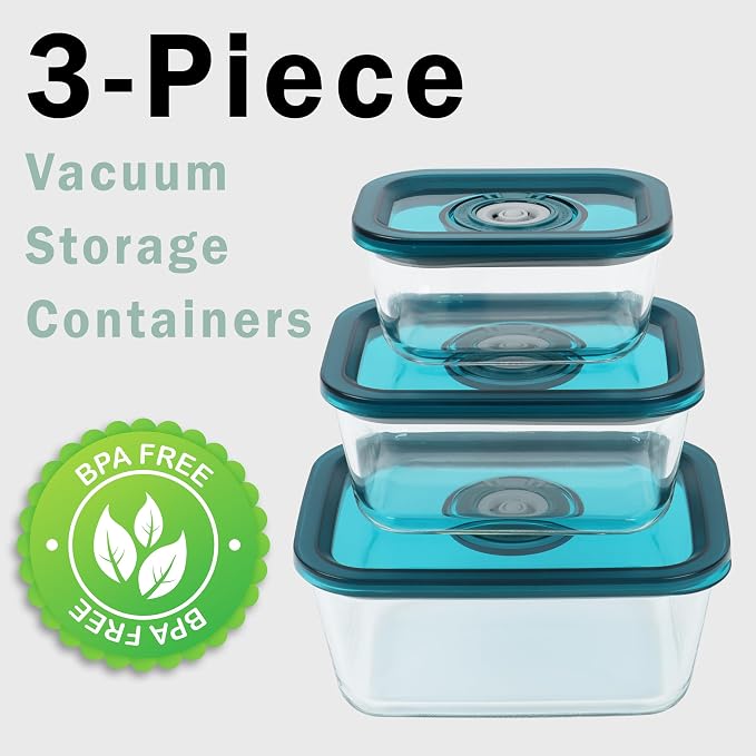 Avid Armor BPA-Free Borosilicate Glass Vacuum Containers, Set of 3 (12.5 oz, 23.7 oz, 38.9 oz) – Green SAN Lid with Date Coding, Works with Most Vacuum Sealers for Dry Goods & Marinating Includes Hose - Image 3