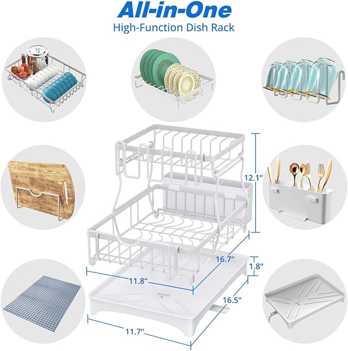 2-Tier Dish Drying Rack - Dish Rack with Auto Drain-to-Sink & Mat | Dish Racks for Kitchen Counter, Dish Drainer with Knife Fork & Cup Rack, Gifts for Women, Mothers Day, Kitchen Gadgets, White - Image 8