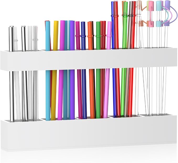 9.5” Large Acrylic Straw Holder for Cabinet Door, Adjustable Two-Part | Reusable Straws Organizer with Ultra Sticky Adhesive Strips, 2026 Straw Storage for Kitchen Cupboard (White) by Rycid