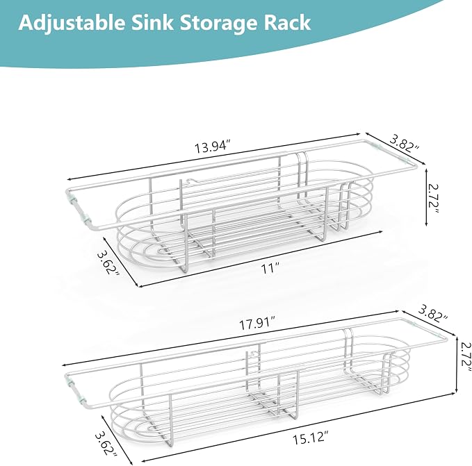 Sink Caddy Sponge Holder Kitchen Sink Organizer Expandable 13.4" to 17.1" | 304 Stainless Steel Telescopic sink organizer rack for kitchen - Image 4