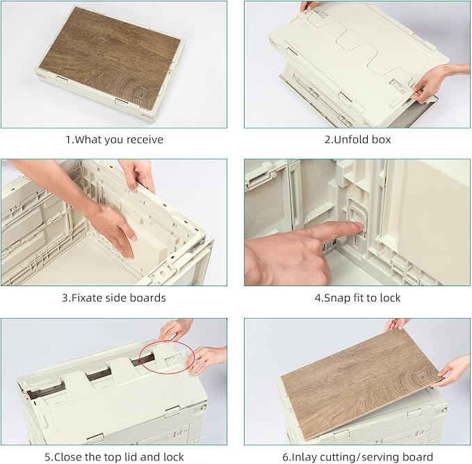 Collapsible Camping Storage Bin 60L with Lockable Doors & Cutting Board | Folds Flat, Stackable, 111 lbs Capacity, Removable Wood Board Top, 60L - Image 6