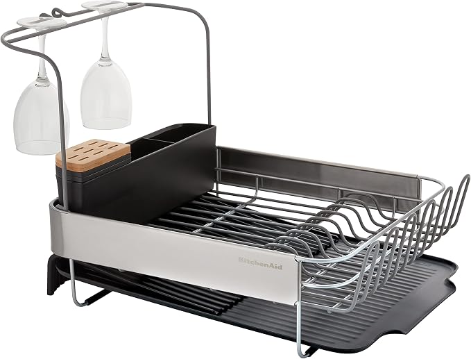 KitchenAid Full Size, Rust Resistant Expandable Dish Rack with Angled Self Draining Drainboard, 24-Inch, Black - Image 3