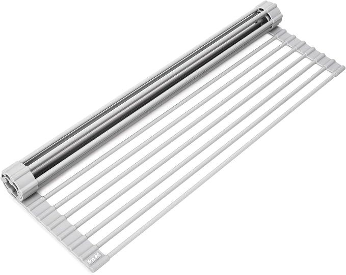 20.5 x 13.1 Inch Roll-Up Dish Drying Rack, Fits Across Sink Openings up to 19.5 Inches, Heavy-Duty Premium Silicone, Strong Support, Non-Slip, Heat-Resistant, Warm Gray by Surpahs
