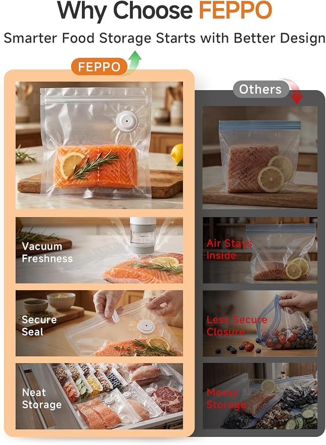 FEPPO Reusable Vacuum Sealer Bags for Food, 20 PCS (10 Medium 8.3"×8.7" + 10 Large 10.2"×11") BPA-Free Food Storage Bags with Air Valve, Leak-Proof & Odor-Resistant for Freshness Preservation - Image 8