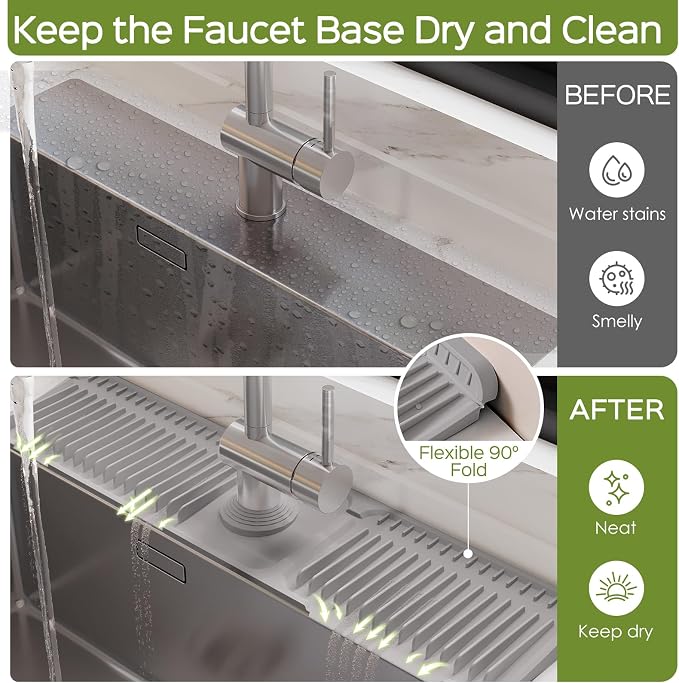24 Inch Silicone Faucet Mat for Kitchen Sink Splash Guard – 2025 Upgraded Draining Mat with Water Tray Behind Faucet – Countertop Protectors to Catch Spills (Gray, 24" x 5.5" ) - Image 4