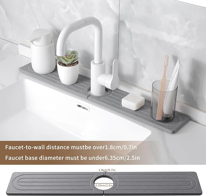 Diatomite Faucet Mat for Kitchen Sink, Quick-Dry Stone-Like Sink Mat, Flat Lay Absorbent Countertop Drying Mat for Faucet Area, Hard Diatomite Mat, Gray, 15.8 x 4 in - Image 4