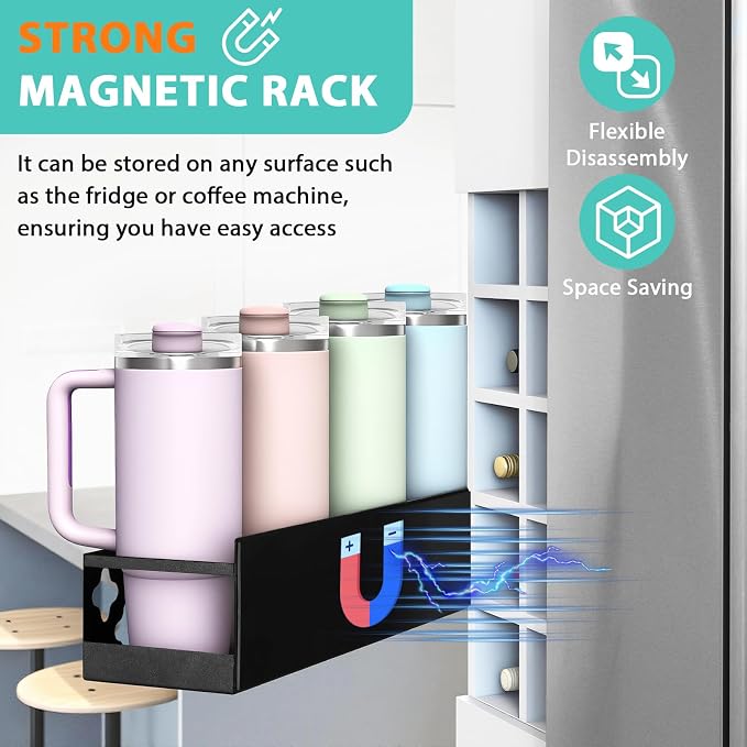 Magnetic Water Bottle Organizer for Fridge, Cup Holder for Stanley 30 40 Oz with Tumbler Lid & Straw & Paper Towel Holder, 8 Tumblers Kitchen Storage Rack for Stanley Cup Accessories, Space-Saving - Image 3