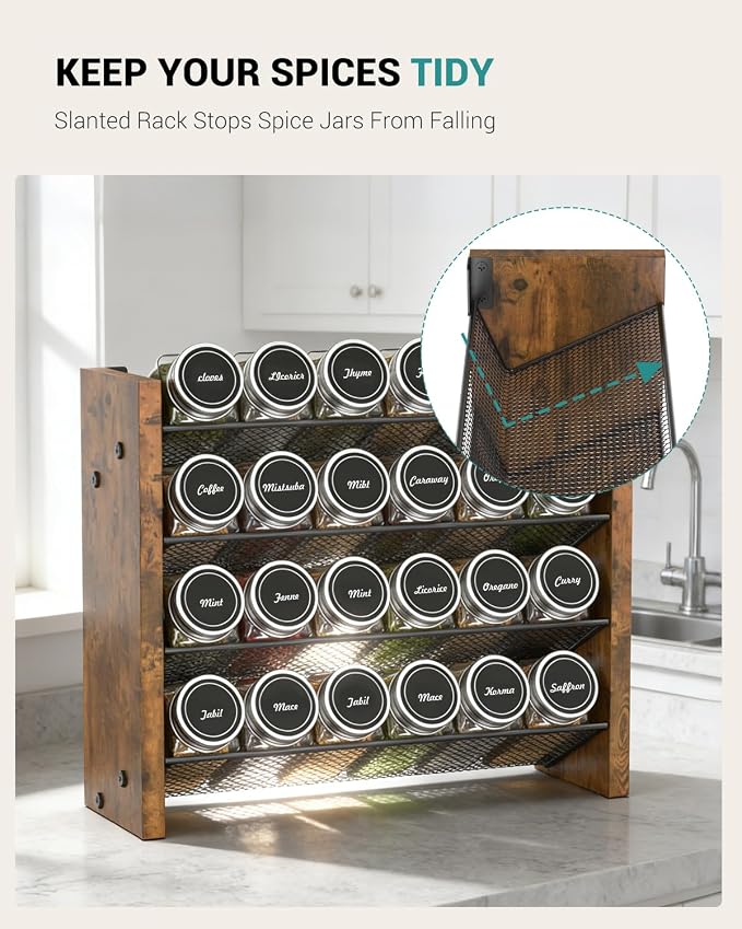 Spice Rack Organizer with 24 Glass Jars, for Cabinet Wall Mount Countertop | 4-Tier Seasoning Organizer with Labels, Chalk Marker & Funnel for Pantry, Kitchen Storage, Wood,12.2 in W x 9.4 in H - Image 3