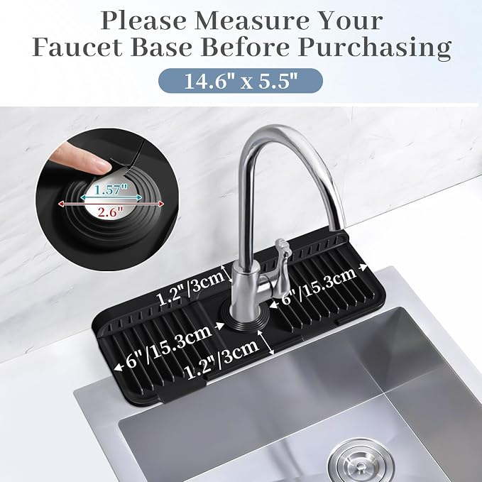 PoYang 14.6 Inch Faucet Mat for Kitchen Sink Splash Guard, Silicone, Black | Sink Protectors with 7° Slope for Smooth Drainage, Snap Button Holds It in Place, 90° Foldable & Cuttable Hole Fit Most Sinks - Image 3